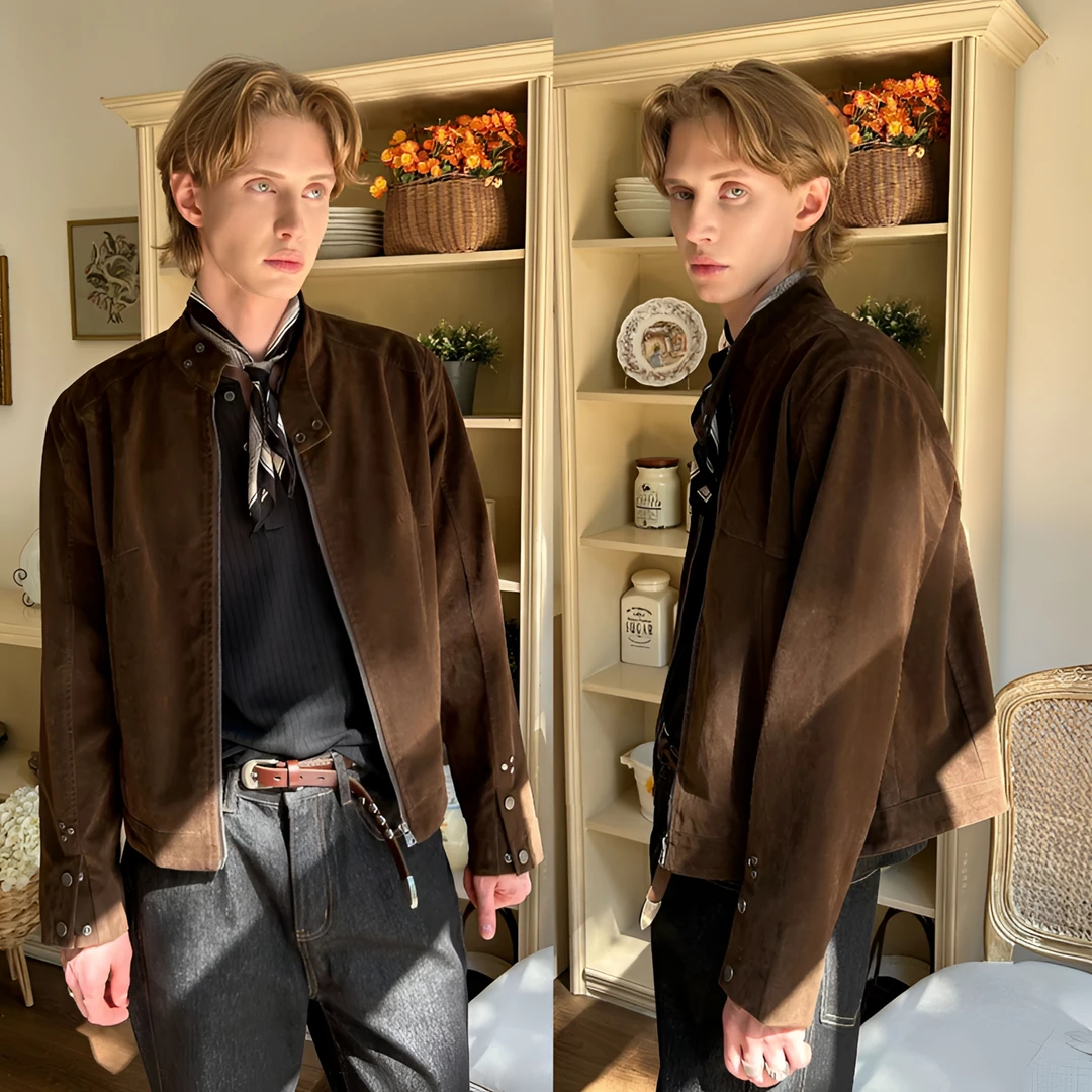 春秋新款老钱风翻绒立领夹克男士美式痞帅高级感时尚休闲上衣外套