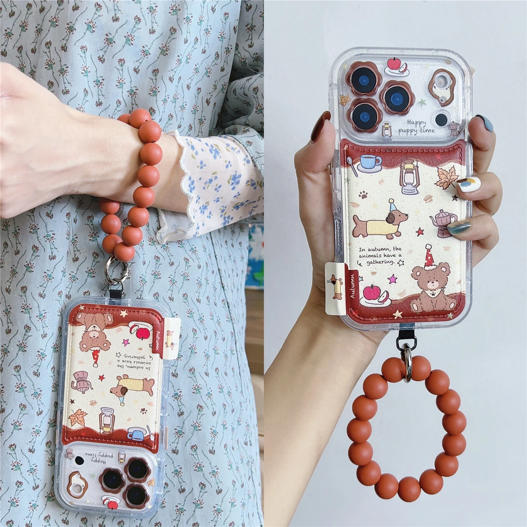 复古皮质小熊腊肠狗适用苹果17promax串珠iphone16pro手机壳15/14
