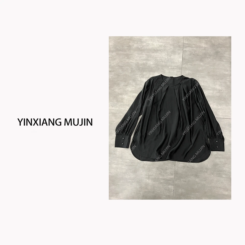 【YINXIANGMUJIN】丝质黑衬衫 早春新款圆领设计师衬衣女