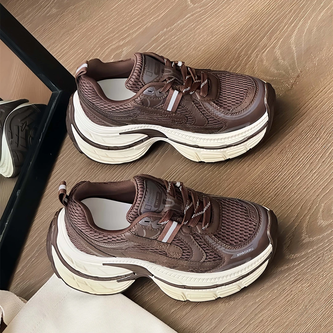 真皮老爹鞋女款2025秋季新款厚底休闲运动鞋网面透气增高国潮女鞋