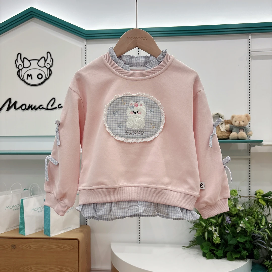 MOMOCO秋季女童百搭洋气可爱卡通猫咪花边卫衣20250804003