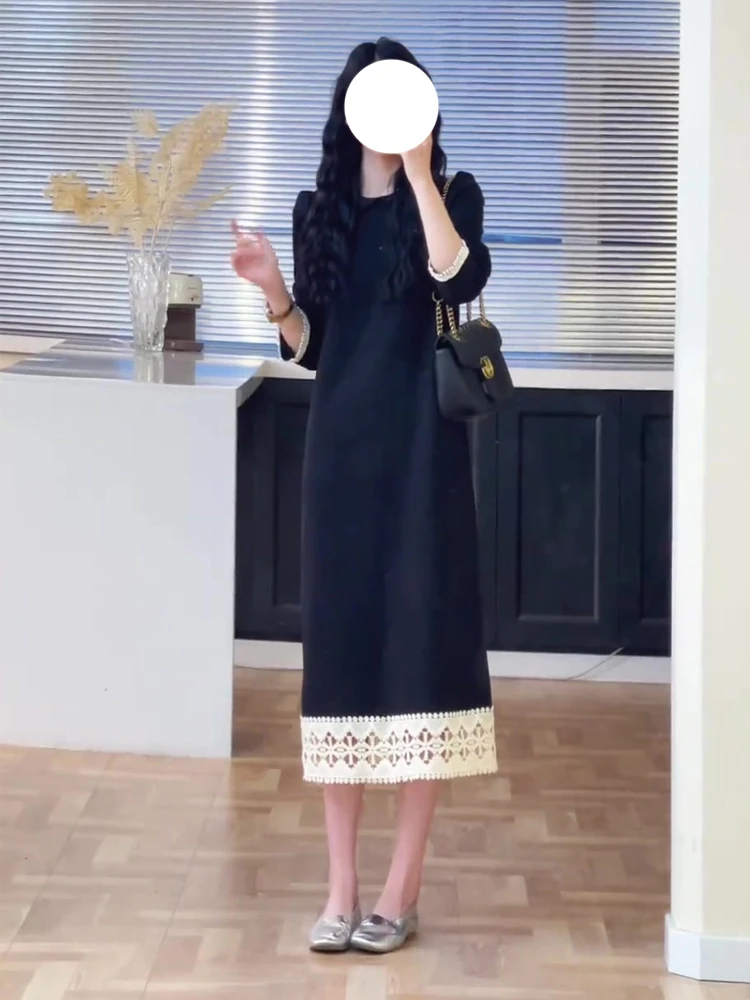 法式时尚高级感纯色连衣裙秋季新款大码胖mm洋气减龄拼接撞色长裙
