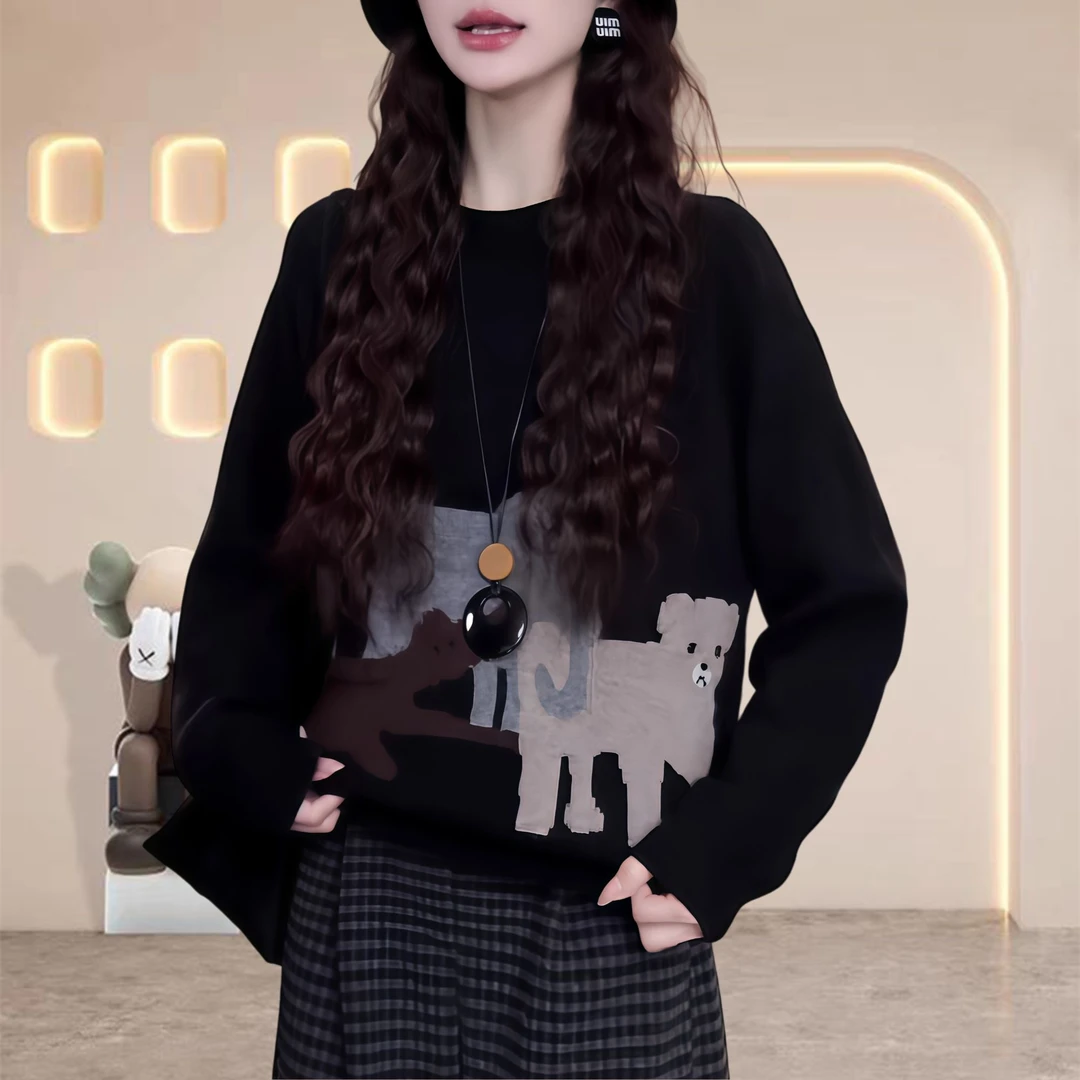 2025秋季新款慵懒风内搭上衣韩版时尚印花圆领黑色长袖针织毛衣女