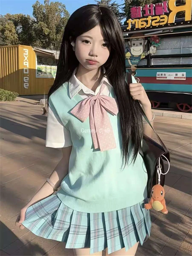 日系夏季甜美格子学生短裙JK制服学院风小清新设计感百褶格裙套装