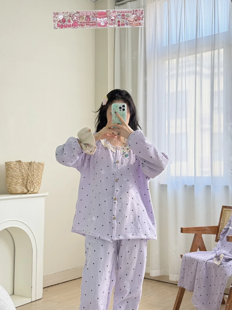 全棉棉纱睡衣女长袖红色碎花薄款家居服