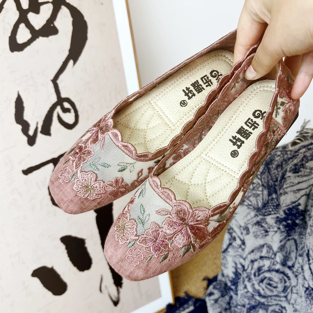 步源轩夏季新款女网鞋透气网面平底绣花鞋一脚蹬舒适透气布鞋女鞋