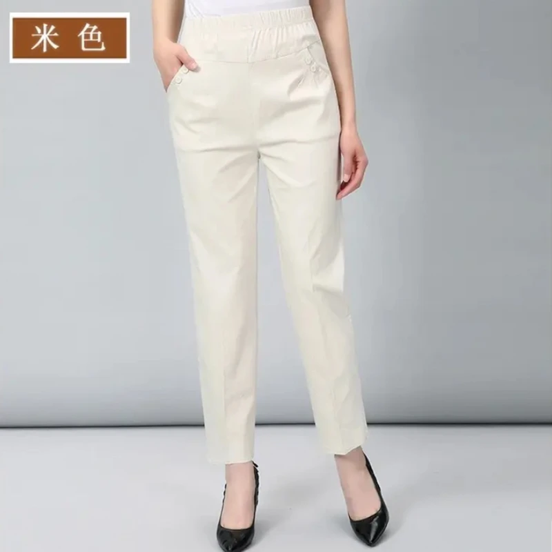 春夏新款休闲百搭时尚洋气高腰纯色扣子直筒裤子妈妈中老年女裤
