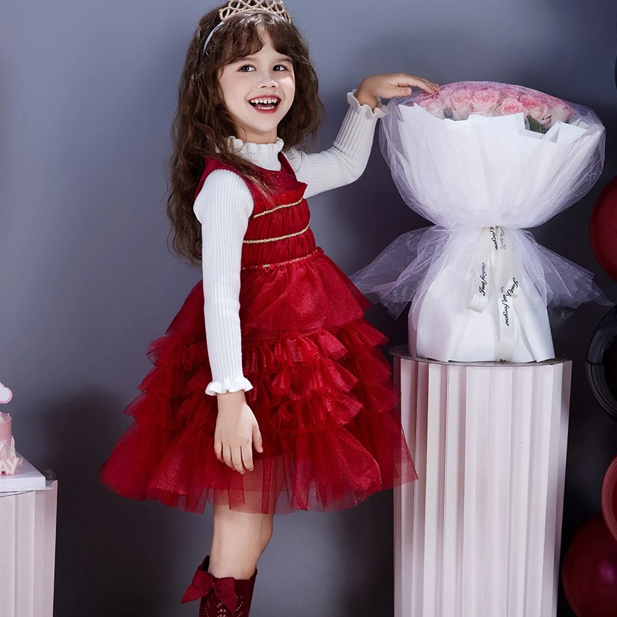 女童春夏秋冬四季蛋糕裙薄款红色蓬蓬连衣裙公主裙D052