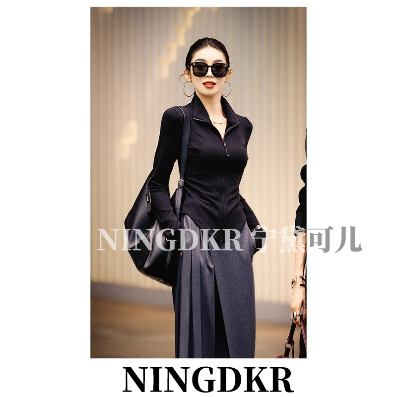 圳B41306宁黛可儿设计感气质显瘦双头拉链打底衫女不规则修身上衣