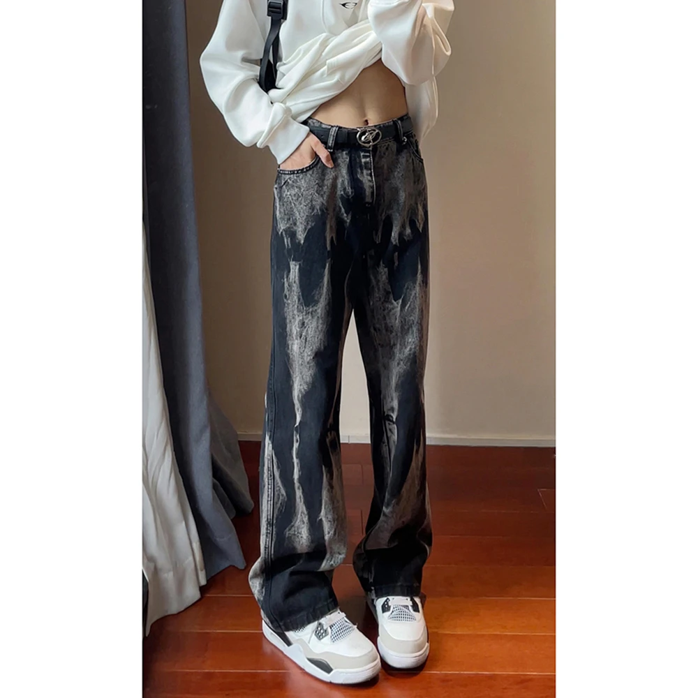 美式drill黑色扎染牛仔裤男款潮牌春秋痞帅炸街微喇裤直筒弯刀裤