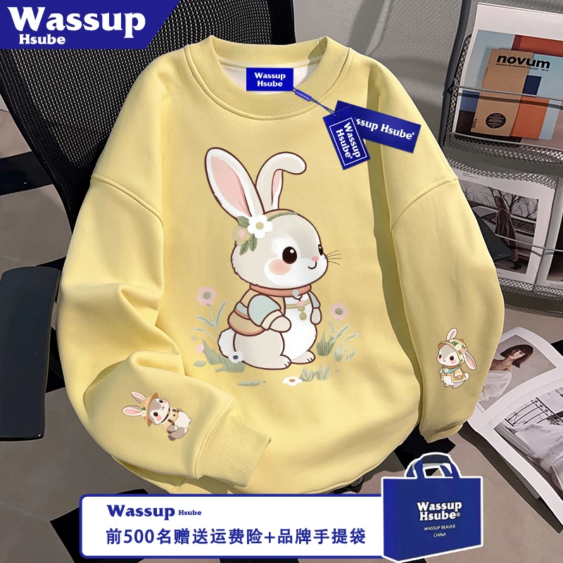 WASSUP HSUBE秋冬季男女设计保暖上衣日系兔子印花加绒奶黄色卫衣