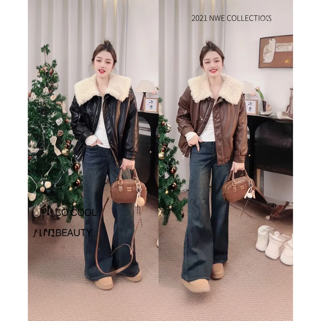 大翻领拼接蛋白皮防寒服女短款2024冬新款皮衣保暖外套