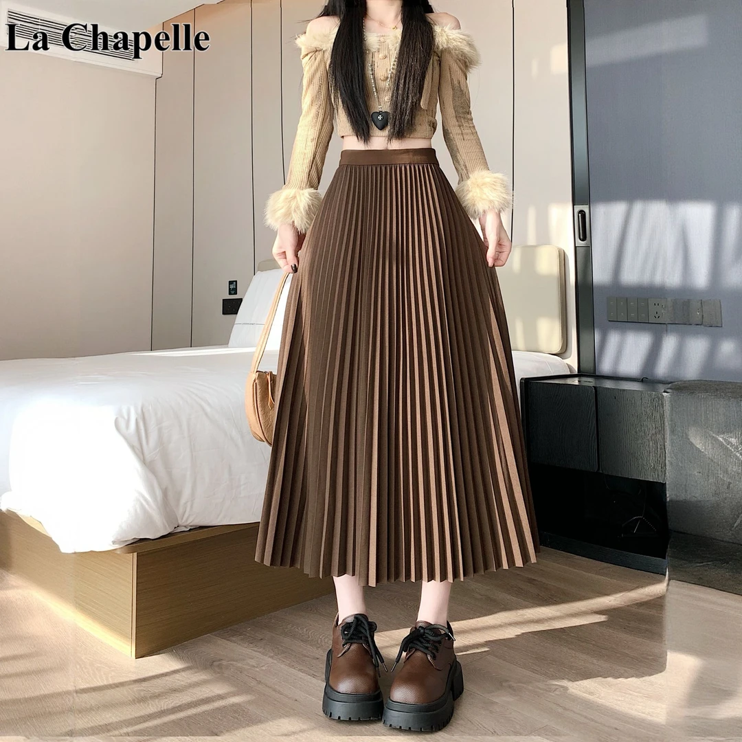 拉夏贝尔2025宽松显瘦大码胖MM韩版女秋松紧高腰纯色百褶裙a字裙