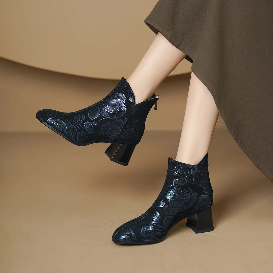 法式粗跟圆头中跟短靴女士女靴蓝色秋冬2025年新款靴子女时尚靴子