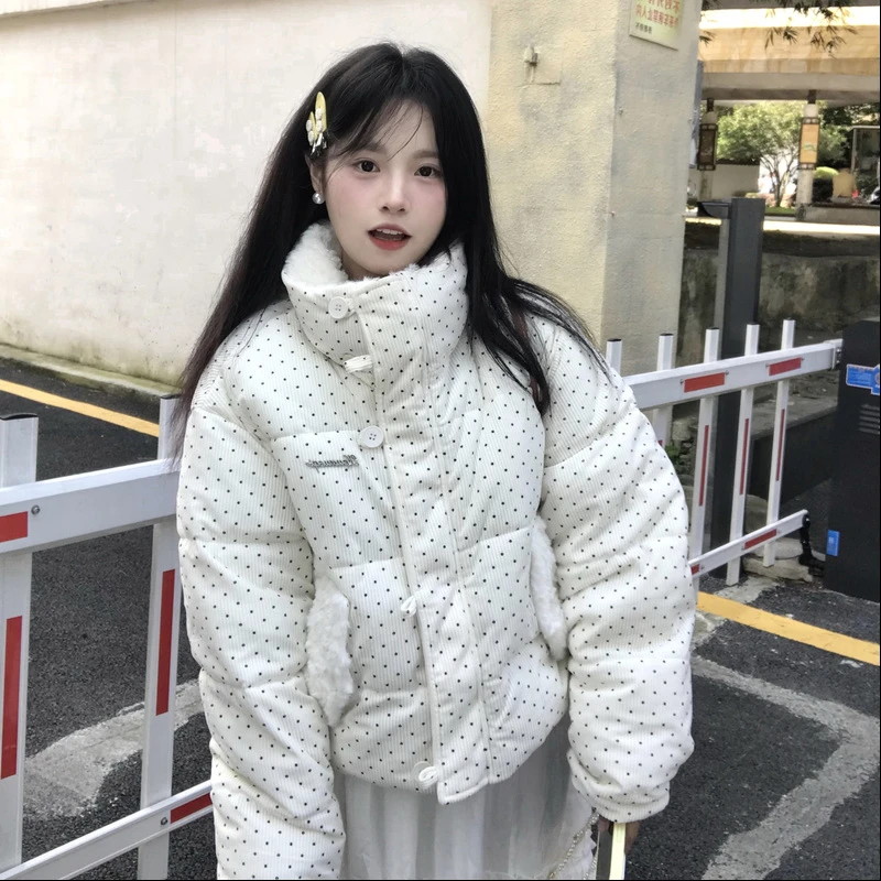 韩系甜美风波点毛领服外套女秋冬季宽松加厚保暖短款面包服