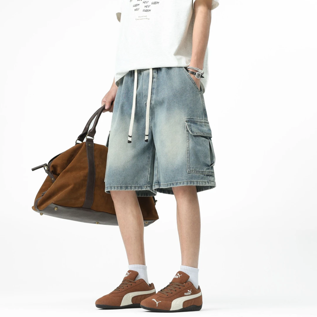 2025新款夏季五分裤水洗牛仔短裤男大口袋休闲中裤复古宽松做旧