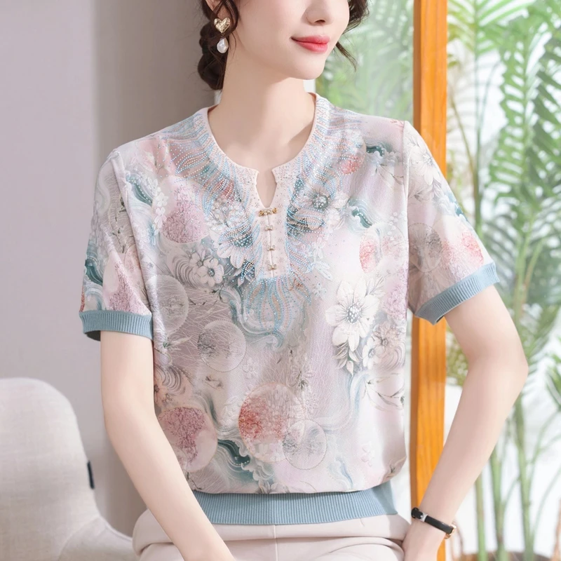 妈妈夏装短袖针织小衫洋气冰丝中老年女装新款凉爽上衣BD17388308