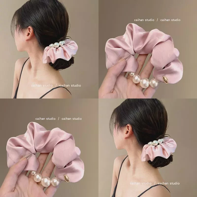 颜值担当~温柔气质缎面珍珠发圈低马尾头绳女高级感盘发旅行皮筋