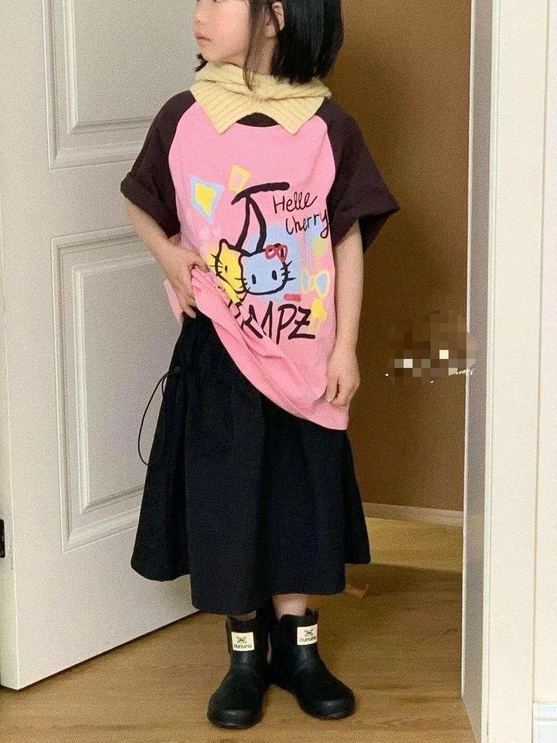 &苏珊&2025新款夏款拼接咖粉色短袖T恤2509