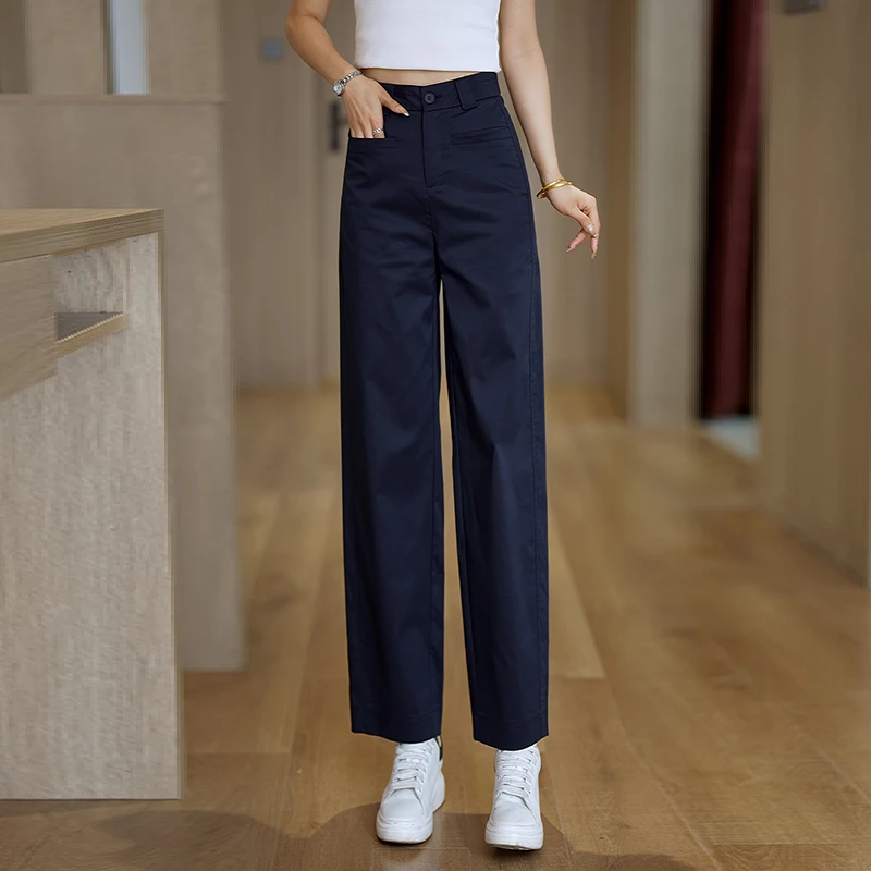 莱赛尔天丝九分直筒裤女2025夏季新款薄款气质藏青色休闲西装裤子