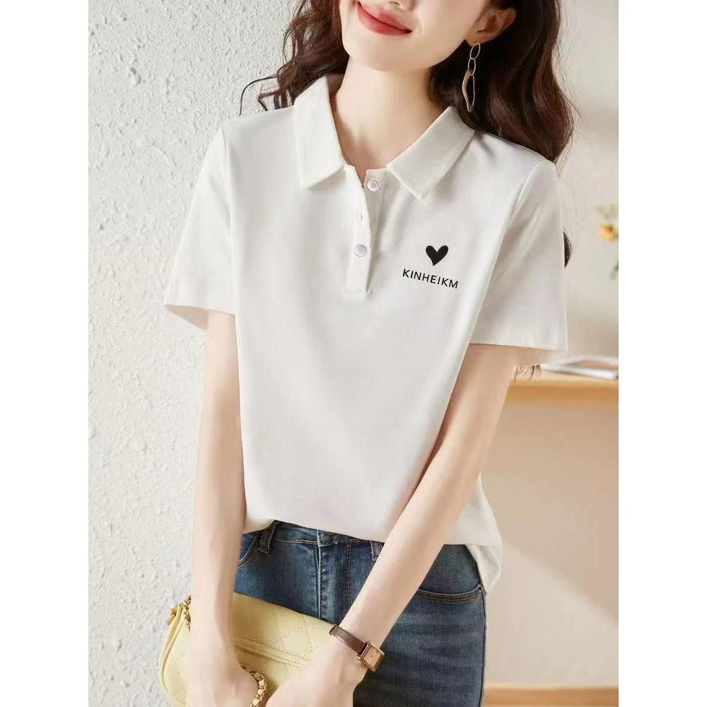 夏季纯棉大码通勤高级感polo领短袖t恤爆款修身显瘦遮肚女士上衣
