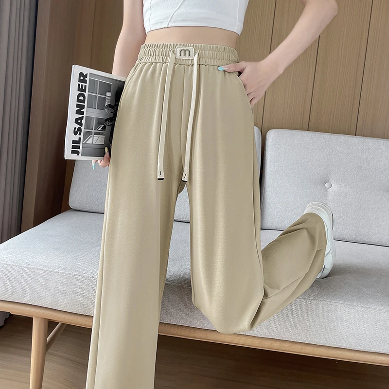冰丝窄版阔腿裤女夏季薄款直筒高腰垂感九分小个子休闲运动拖地裤