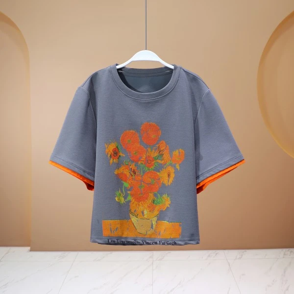 【韩哥女装】夏季欧货设计烟灰色印花时尚休闲T恤衫7900