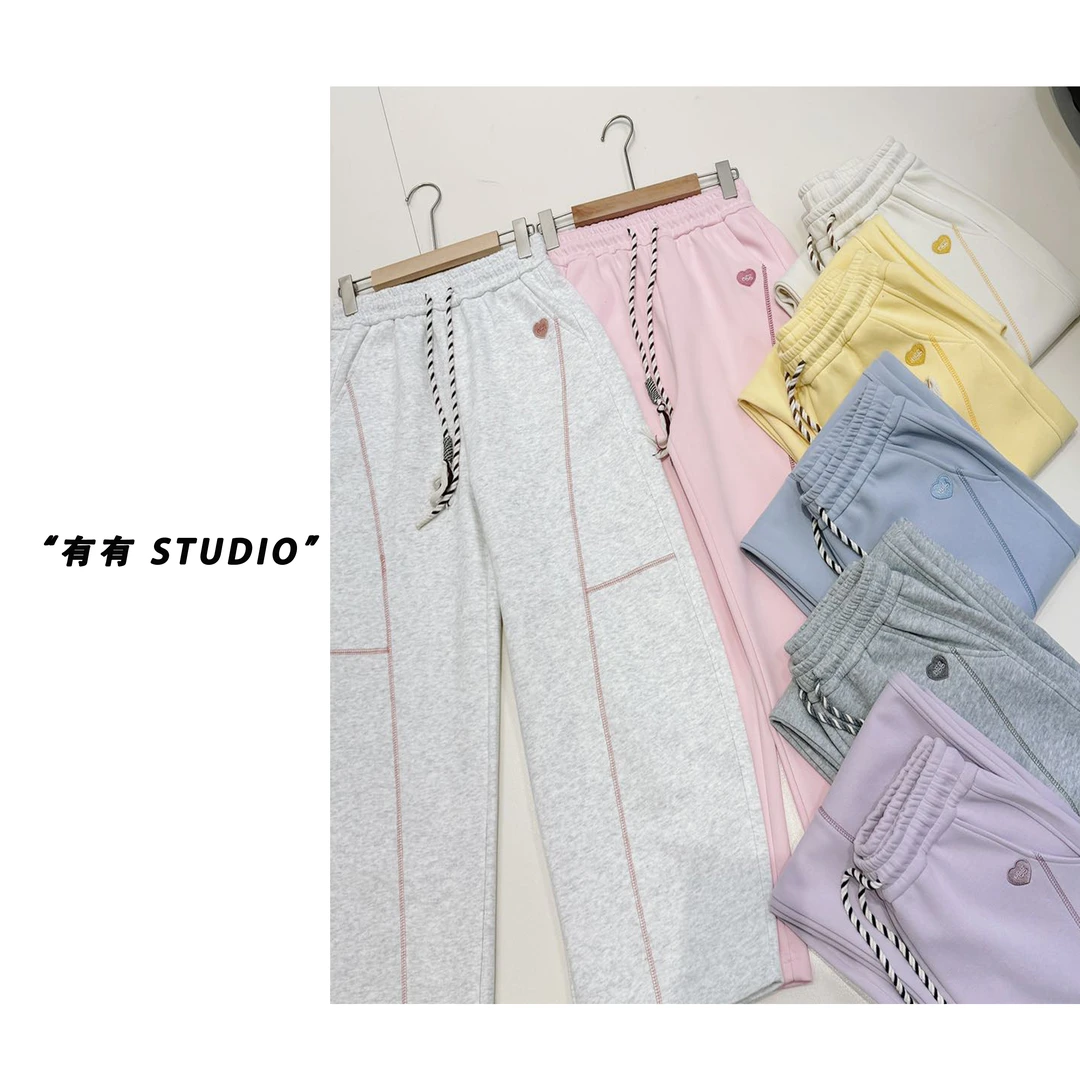「七色爱心弯刀裤」韩系早春新款外走线抽绳女士弯刀裤