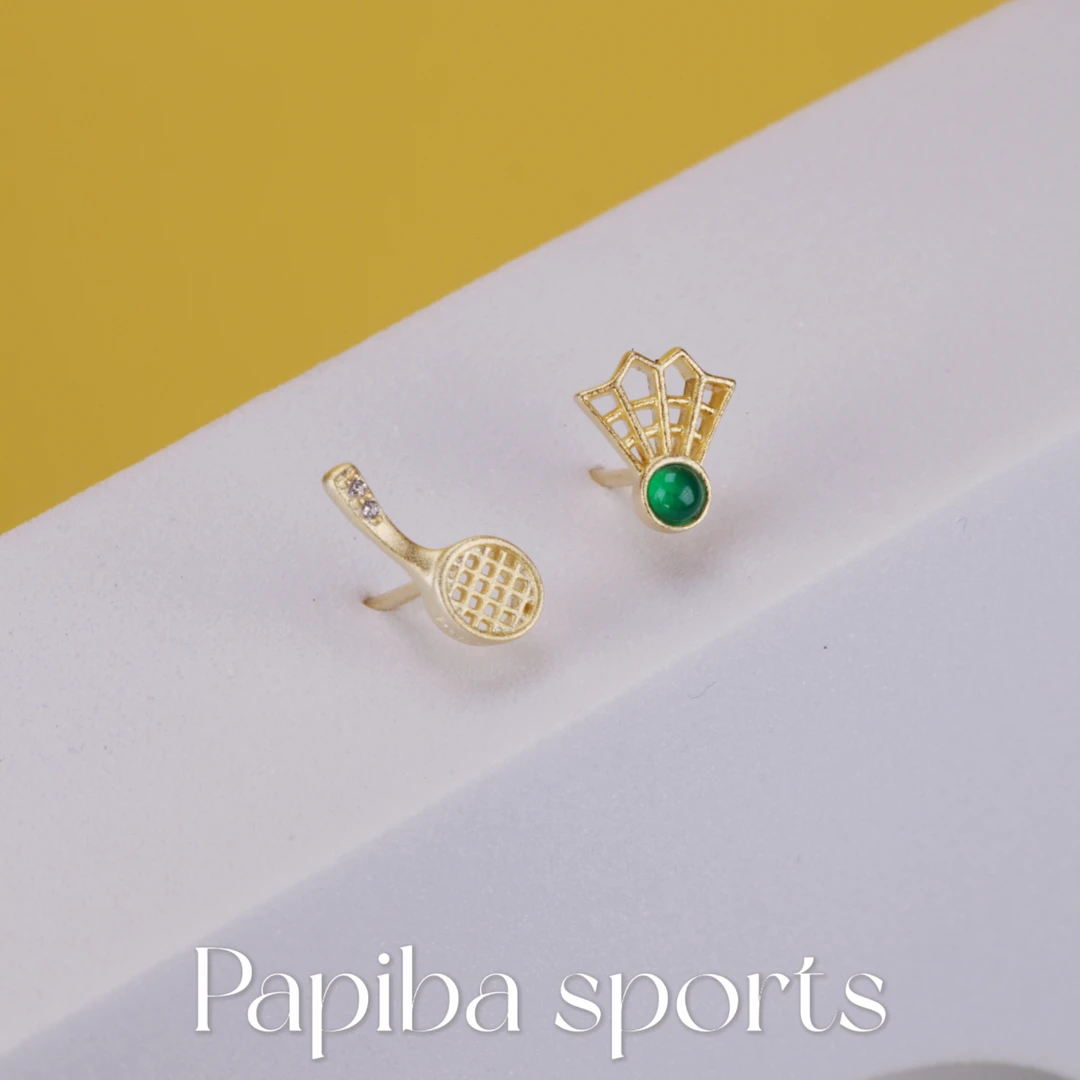 papiba 925银合成锆石耳饰 纯银镀金原创轻奢运动风羽毛球耳钉