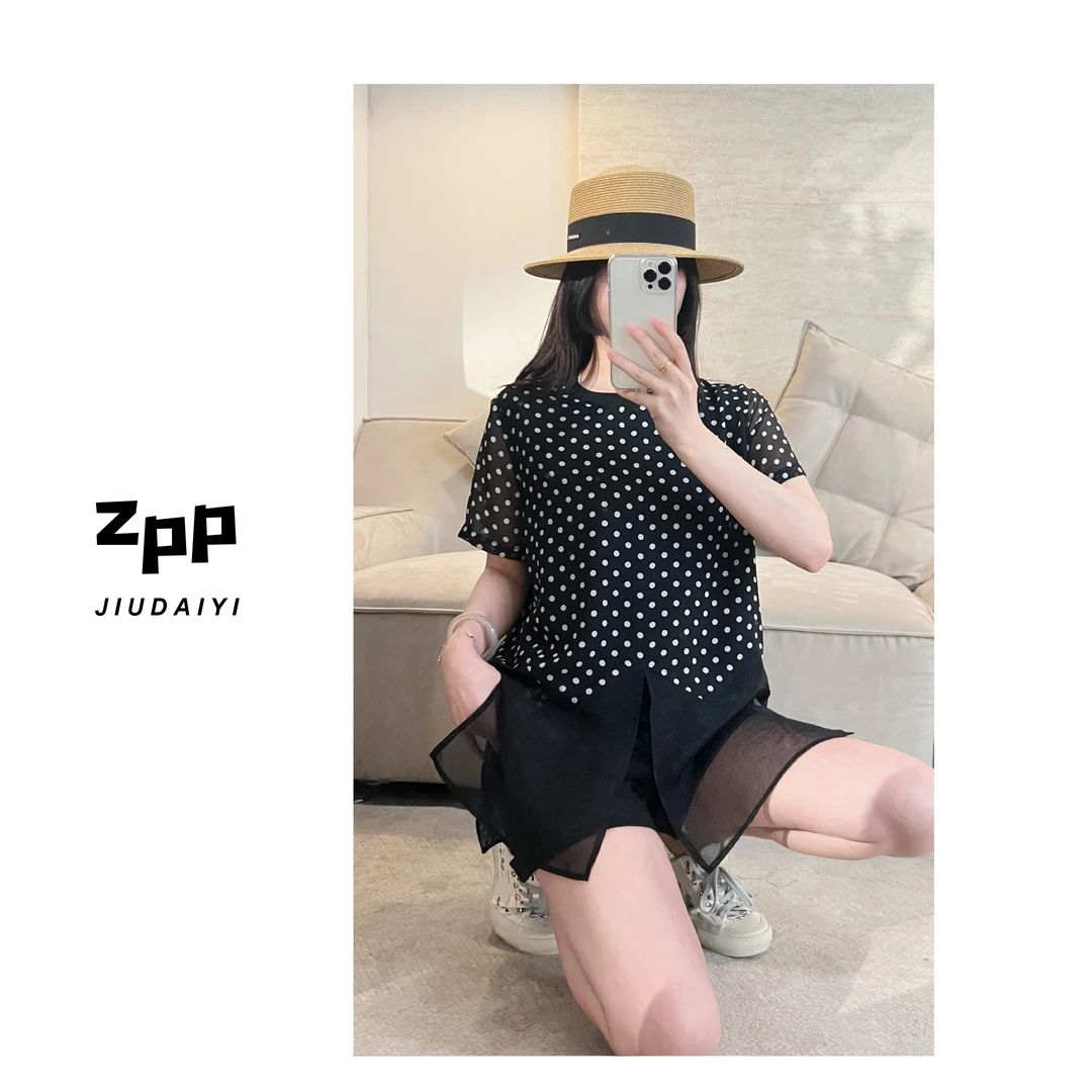 玖黛衣【开叉波点】新款夏季波点下摆拼接百搭短袖TXP41566