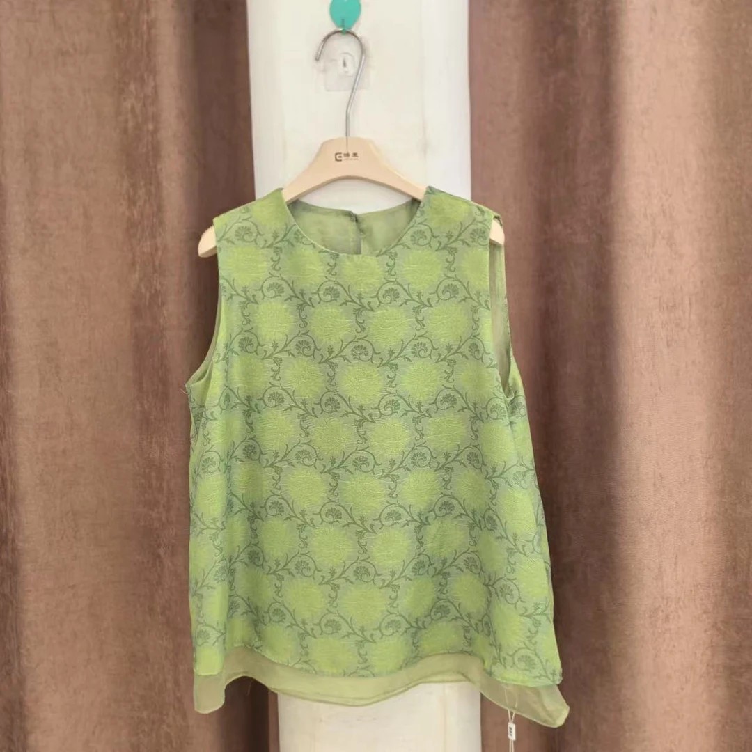 中式国风复古网纱拼接印花无袖女夏季新款百搭上衣+阔腿裤两件套