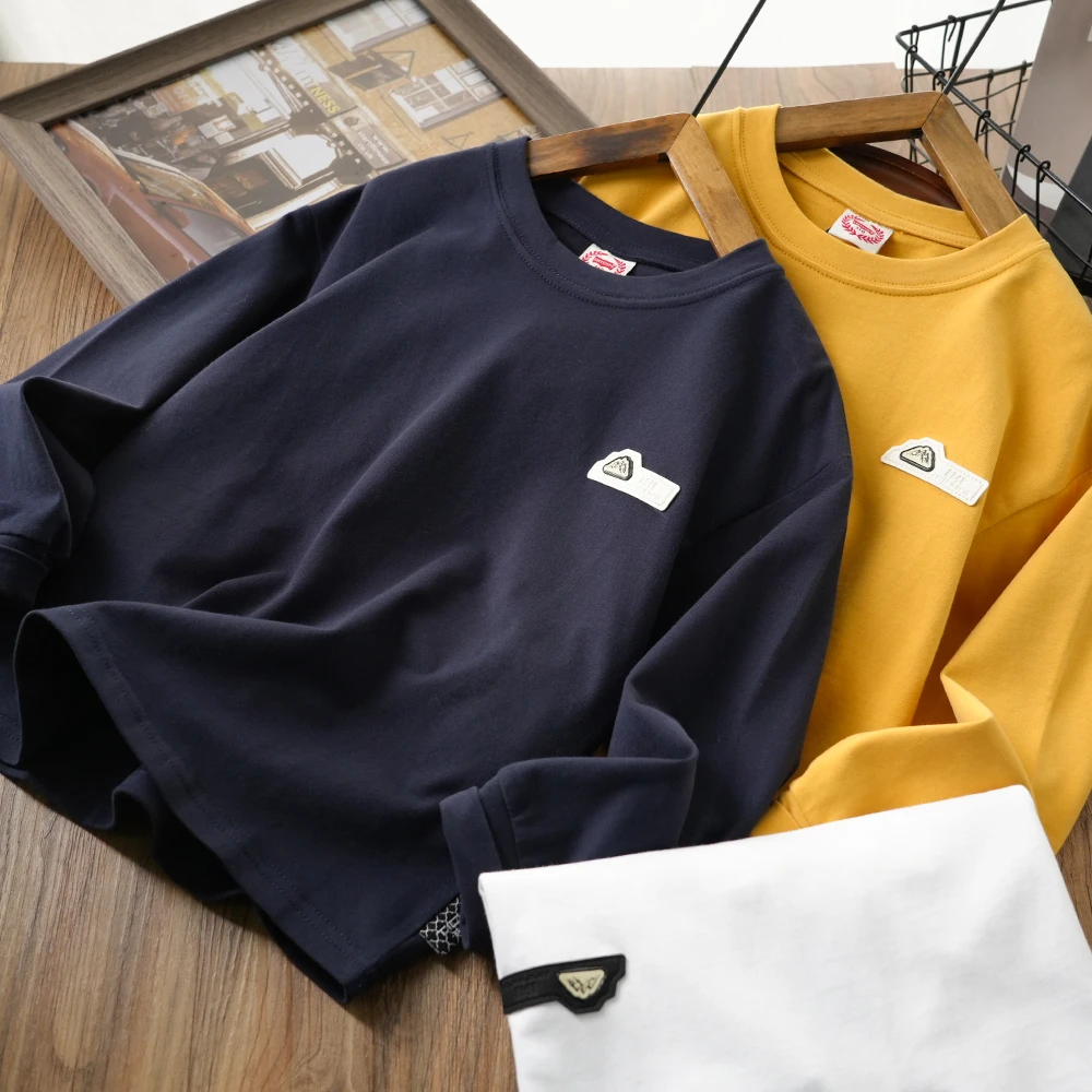 春季简约大山贴标百搭圆领儿童打底衫男童中大童长袖T恤S881