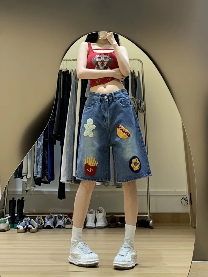 【有瑕疵 横纱 磨破 黄油笔等】【介意勿拍】薯条热狗五分牛仔裤