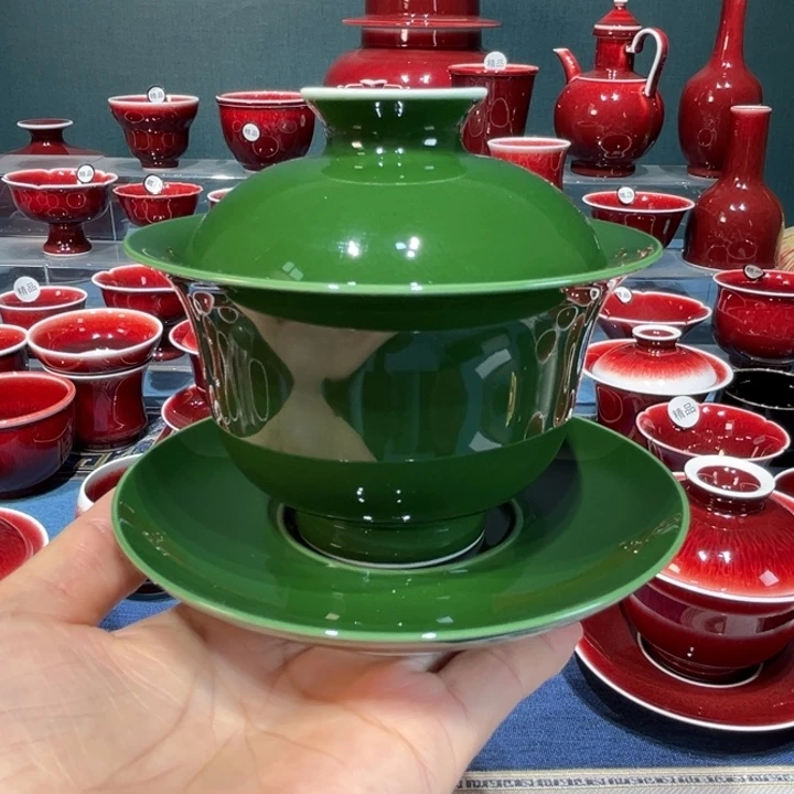 景德镇浅行窑雍正绿三才元宝盖碗