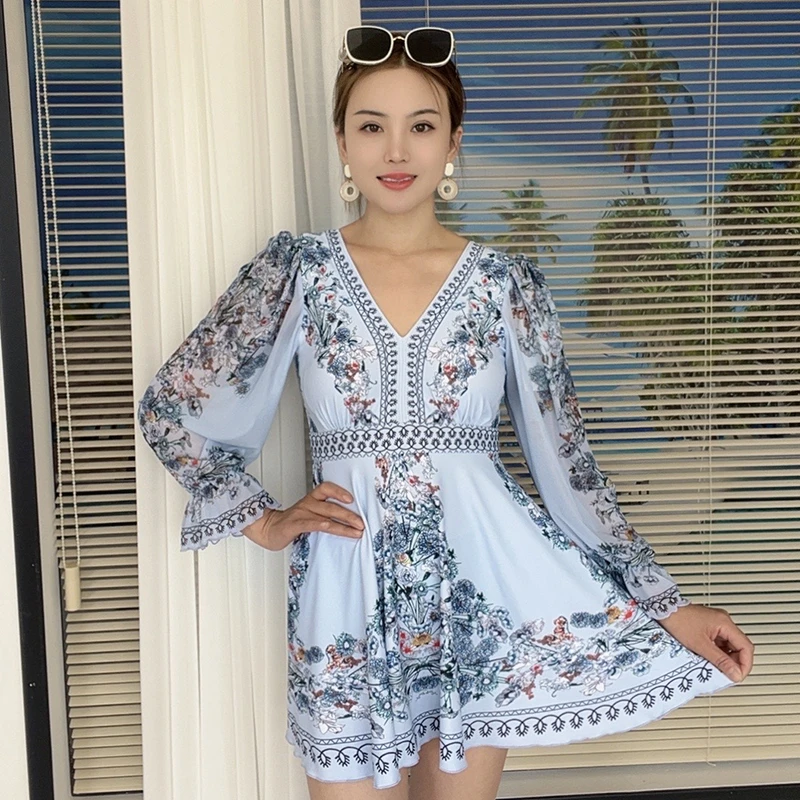 【直播专属】大码连体平角裙式泳衣女异域风保守温泉海边度假