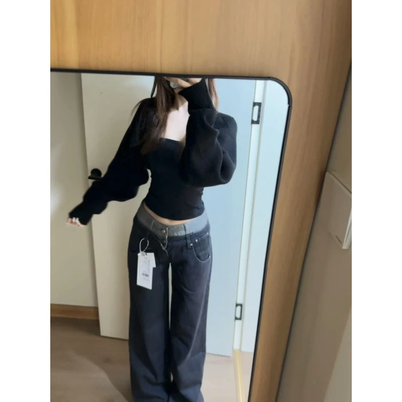 MARIE.COCO辣妹风穿搭黑色长袖蝙蝠袖毛衣外套背心拼接牛仔裤套装