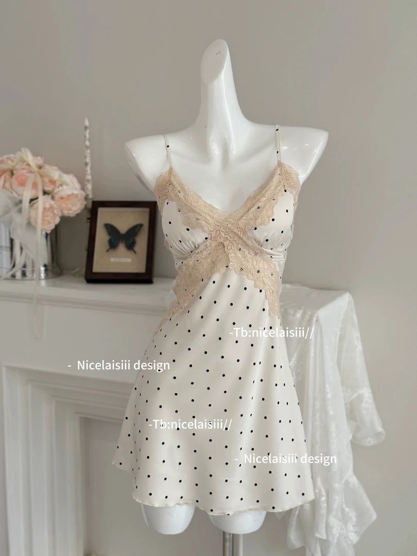 2025爆款睡衣女夏季冰丝薄性感蕾丝波点吊带睡裙带胸垫家居服套装