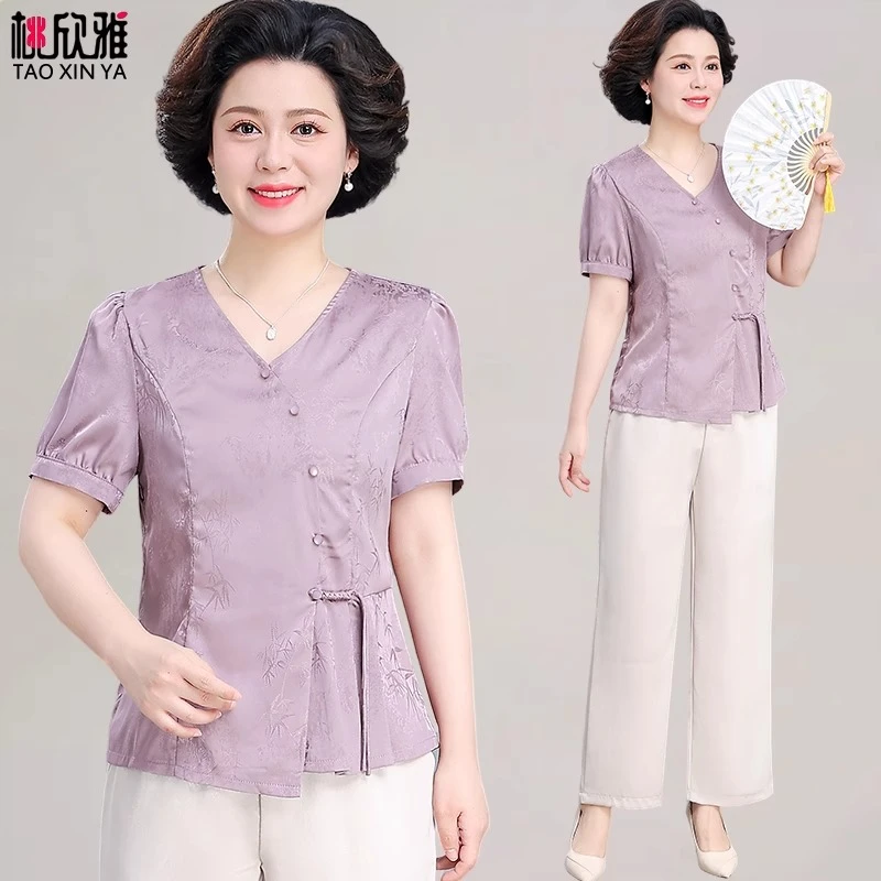 新中式妈妈夏装衬衫高档大气2025新款中老年女装夏季套装国风上衣