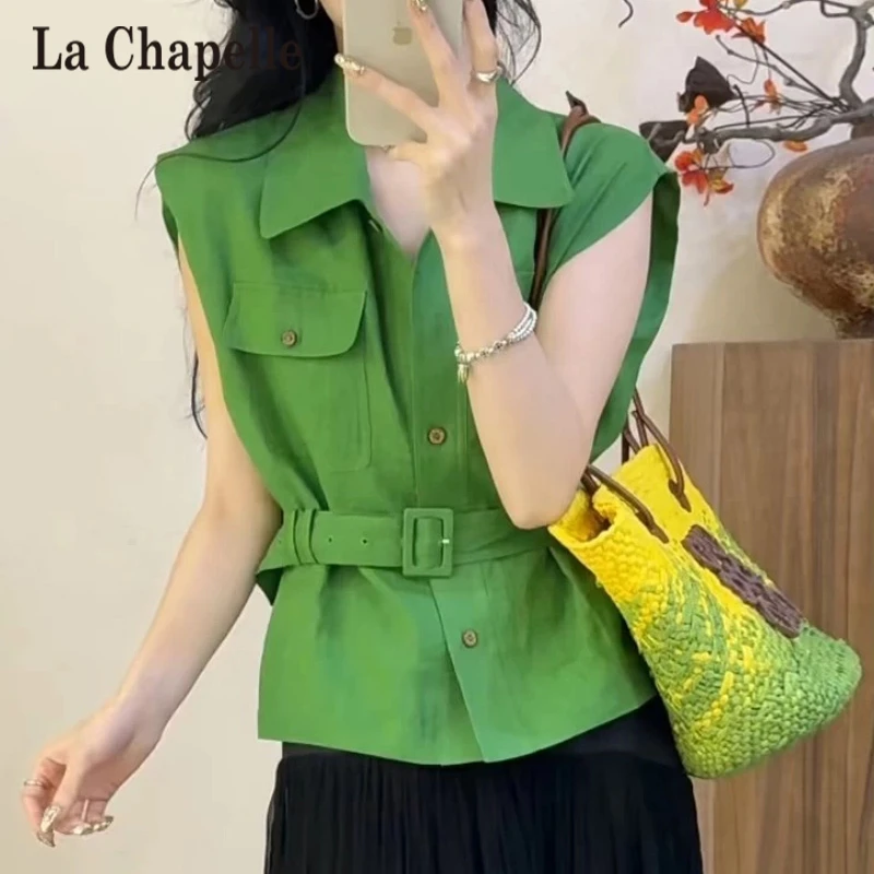 拉夏贝尔衬衣腰带无袖显瘦衬衫女夏季新款法式设计感牛油果绿上衣