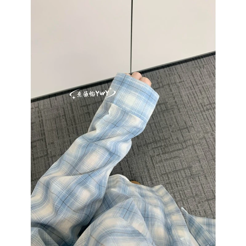 小众设计感蓝色格纹衬衫外套女2025春季新款宽松休闲显瘦百搭上衣