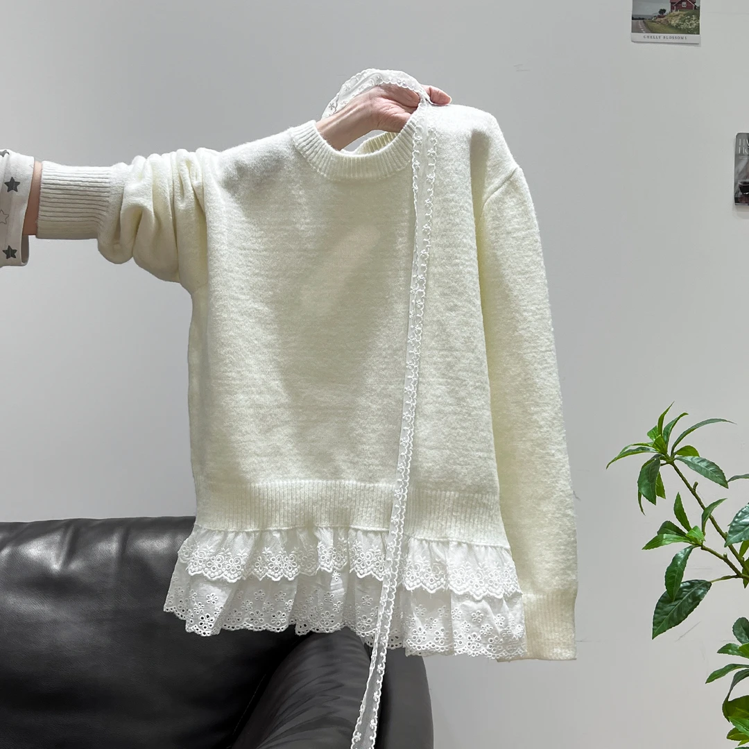 韩系慵懒风加厚长袖针织衫女2025秋冬季蕾丝拼接圆领套头毛衣上衣