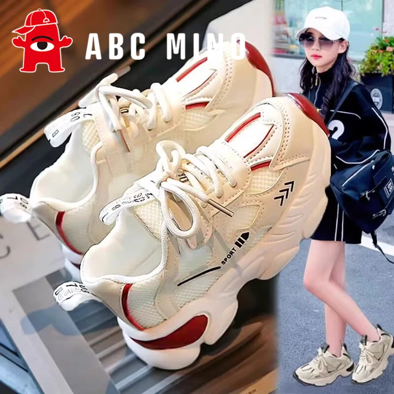 ABC MINO女童运动鞋2024春夏季新款学生软底跑步鞋儿童网面老爹鞋