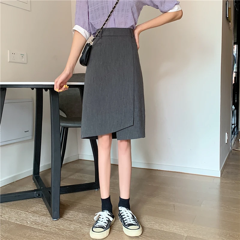 胖mm纯色西装包臀工装裙短裙 大码高腰遮胯显瘦A字半身裙开叉中裙