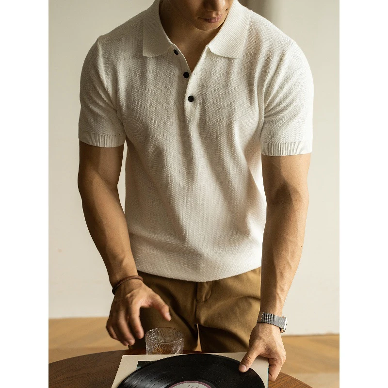 棉涤混纺肌理感透气针织短袖POLO衫男2025夏新款休闲廓形翻领T恤