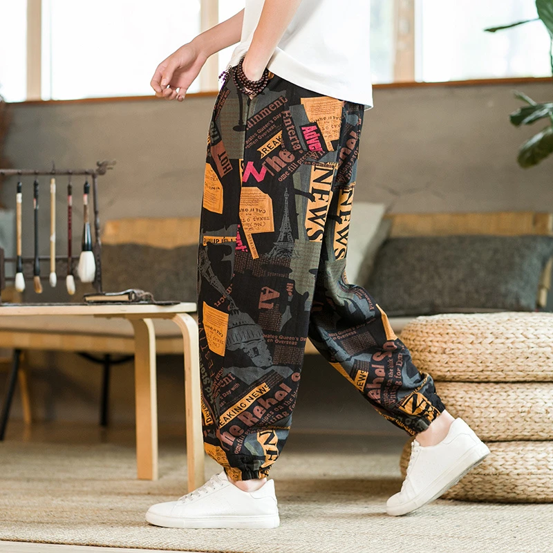 收脚肥仔胖子男裤夏季薄款花裤子男潮流宽松束脚裤大码九分休闲裤