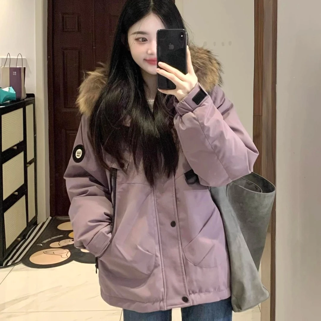 派克服棉服女款2025新款冬季连帽大毛领工装加绒加厚紫色棉衣外套