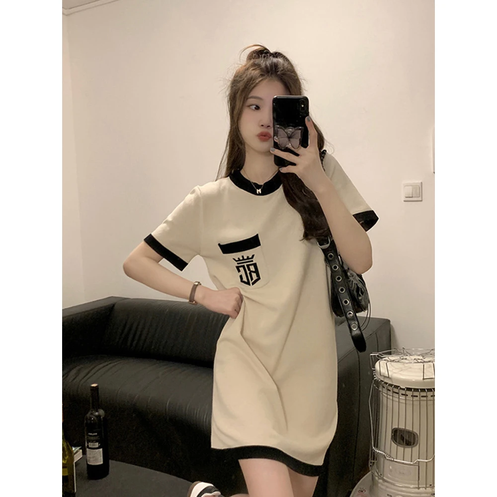 爆款小个子撞色拼接短袖t恤连衣裙女2025夏季新款小众设计休闲裙
