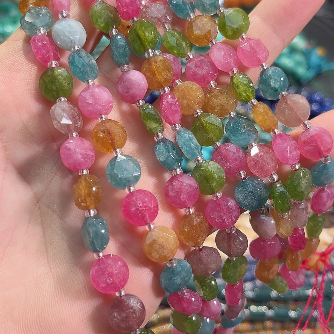 玛瑙/玉髓合金珠宝半成品碧玺刻面圆饼一条10mm