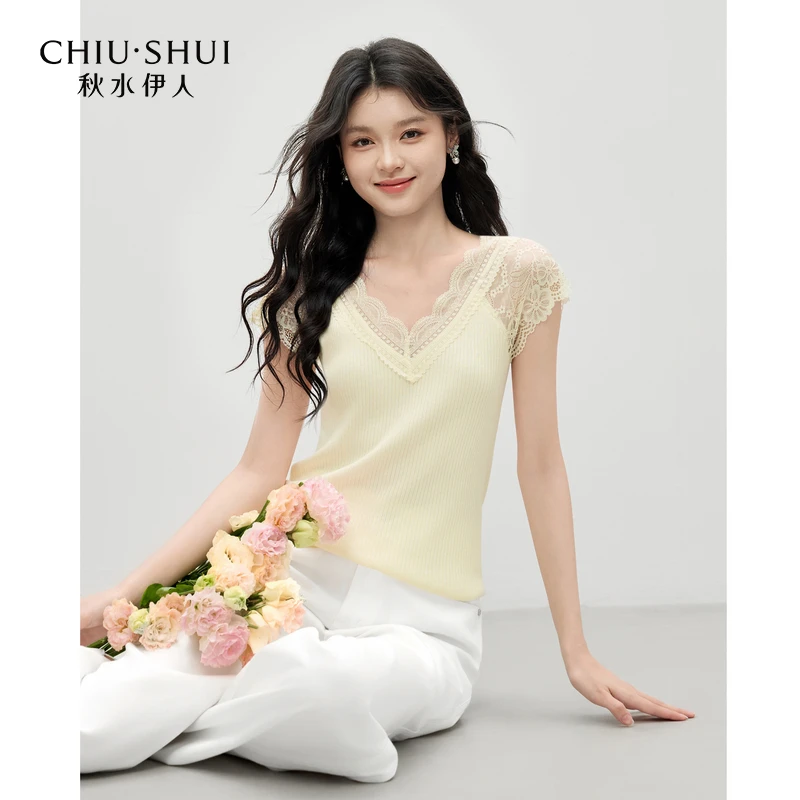 秋水伊人拼接V领飞袖针织衫2025年夏季新款透气上衣625254M030667
