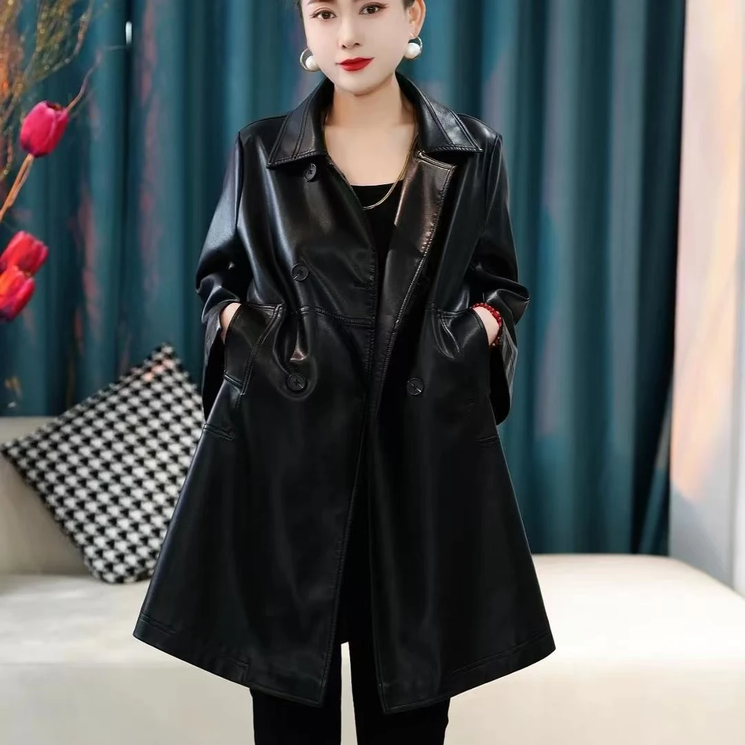 2025新春款气质收腰显瘦时尚休闲百搭女士中长款真皮皮衣外套